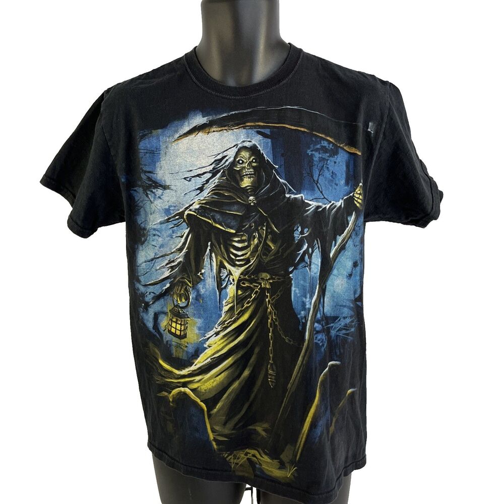 Vintage Y2K Goth Grunge Grim Reaper Skeleton Horror Graphic Shirt Size M Jerzees